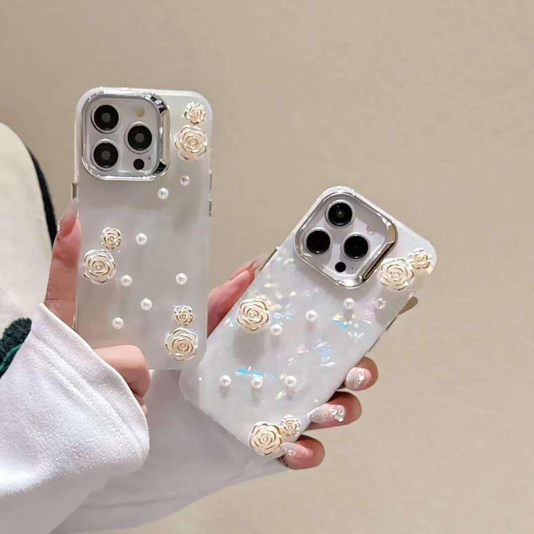 Elegant Pearl & Rose Flower Phone Case – Soft TPU Protective Cover