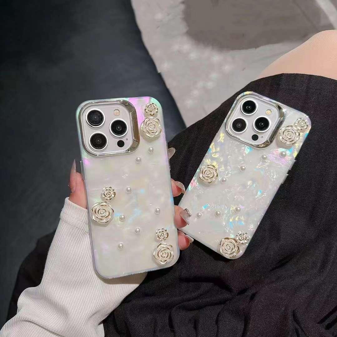 Elegant Pearl & Rose Flower Phone Case – Soft TPU Protective Cover