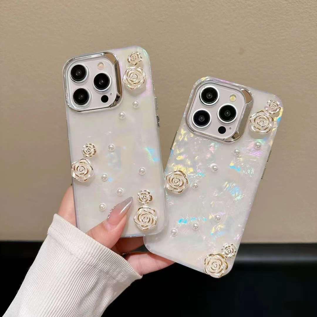 Elegant Pearl & Rose Flower Phone Case – Soft TPU Protective Cover