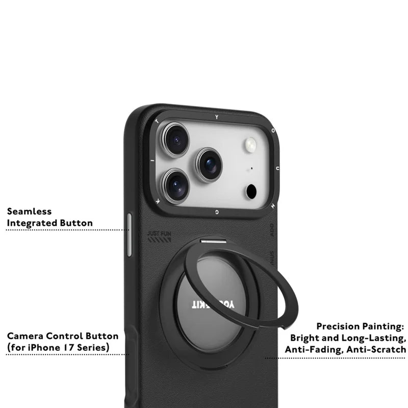 Protective Apple iPhone Back Cover - YOUNGKIT Rotating Magsafe Stand Shockproof TPU + PU Leather Phone Back Cover for iPhone 17 Pro - BLACK - Style 7