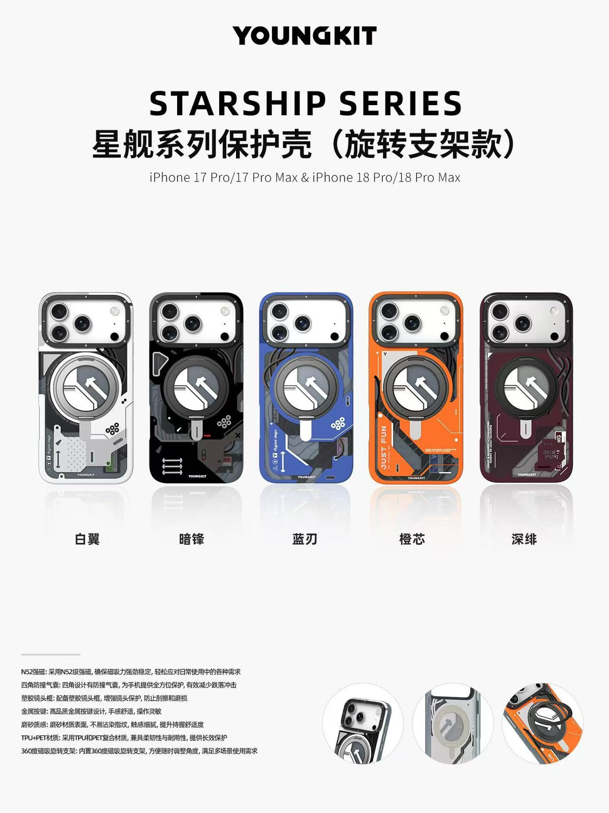 YOUNGKIT Cyberpunk 360° Rotation Ring Stand Case for iPhone 17/18 Pro & Pro Max