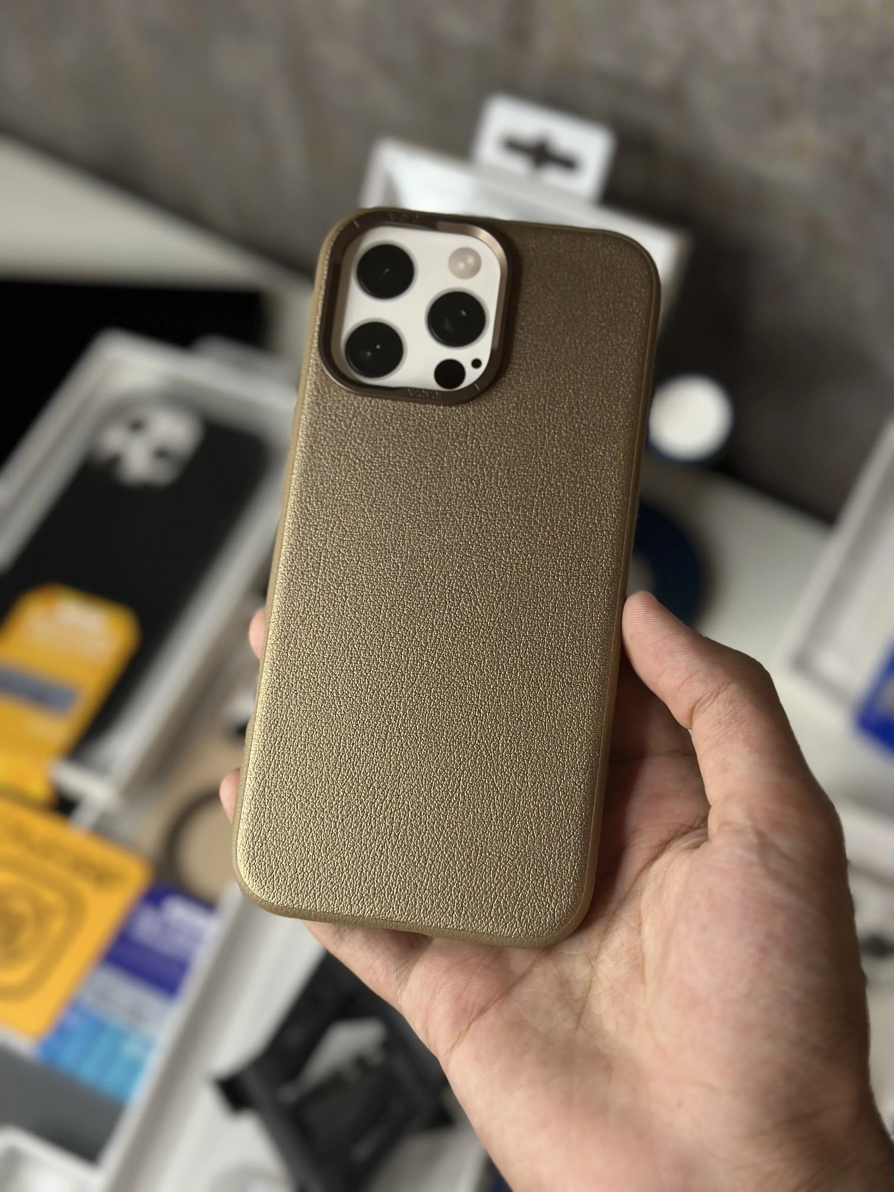 X Level Slim Leather Case with Metal Camera Ring for 16 Pro Max (Desert Titanium) Mobile Case by CoverMeUp