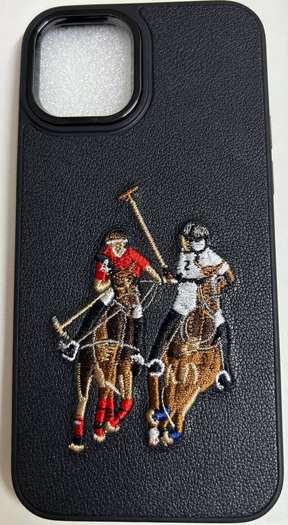 Embroidered Horse Series Leather Back Case Compatible with iPhone with metal ring protection