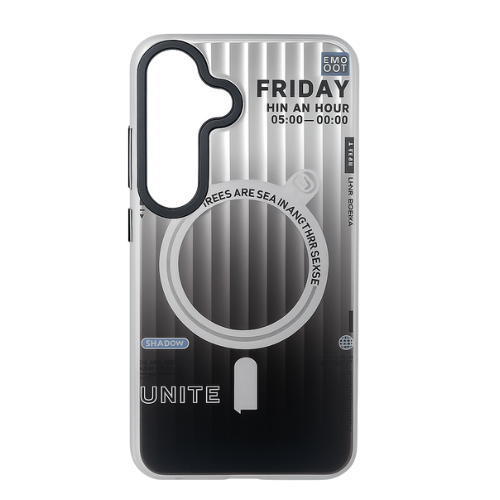 Friday Unite TPU Phone Case – Futuristic Black & Silver Gradient Design with Circular Switch Graphic