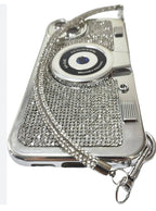 Protective Apple iPhone Back Cover - iPhone Silver Diamond Studded Retro Camera Sling Case - Style 3