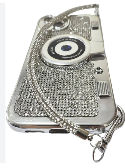 iPhone Silver Diamond Studded Retro Camera Sling Case