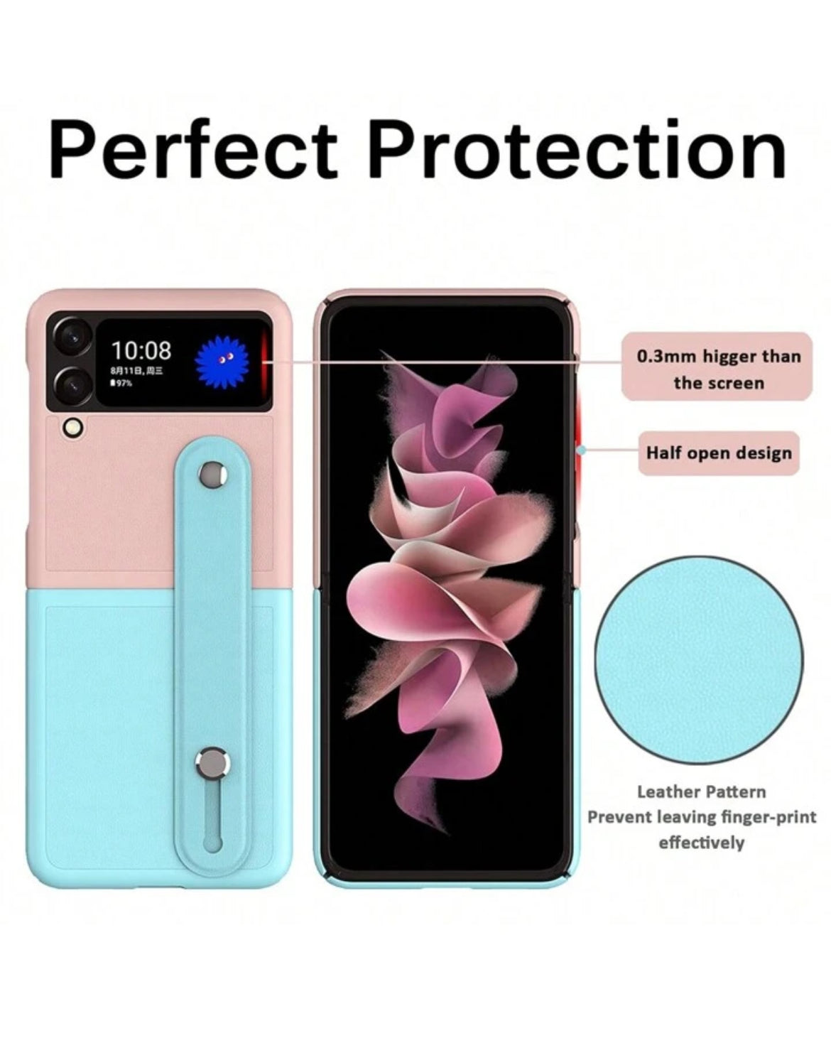 Pink/Light Blue Color Block Folding Bracelet Stand Extendable Spray Painted Dual-Tone Stitching Frosted Texture Lens Protection Stylish Foldable Phone Case Anti-Fall Phone Cover Compatible With Samsung Galaxy Z Flip 4