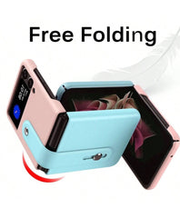 Pink/Light Blue Color Block Folding Bracelet Stand Extendable Spray Painted Dual-Tone Stitching Frosted Texture Lens Protection Stylish Foldable Phone Case Anti-Fall Phone Cover Compatible With Samsung Galaxy Z Flip 4