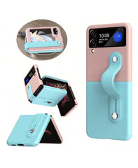 Pink/Light Blue Color Block Folding Bracelet Stand Extendable Spray Painted Dual-Tone Stitching Frosted Texture Lens Protection Stylish Foldable Phone Case Anti-Fall Phone Cover Compatible With Samsung Galaxy Z Flip 4