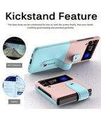 Pink/Light Blue Color Block Folding Bracelet Stand Extendable Spray Painted Dual-Tone Stitching Frosted Texture Lens Protection Stylish Foldable Phone Case Anti-Fall Phone Cover Compatible With Samsung Galaxy Z Flip 4 Mobile Case by CoverMeUp - Style 5