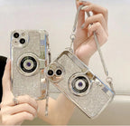 Protective Apple iPhone Back Cover - iPhone Silver Diamond Studded Retro Camera Sling Case