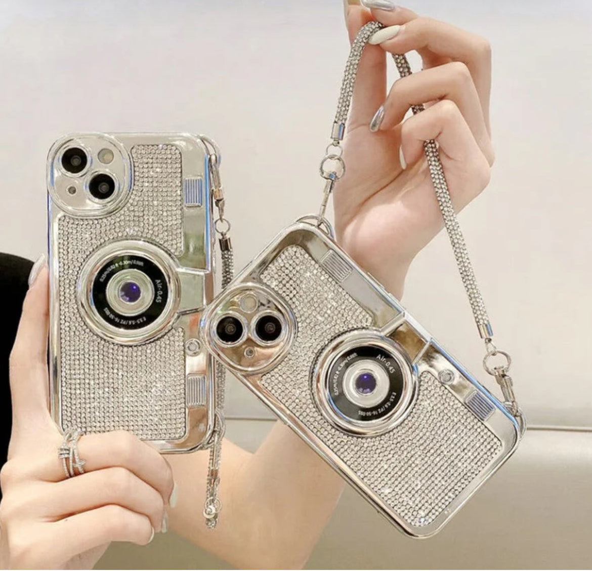 iPhone Silver Diamond Studded Retro Camera Sling Case