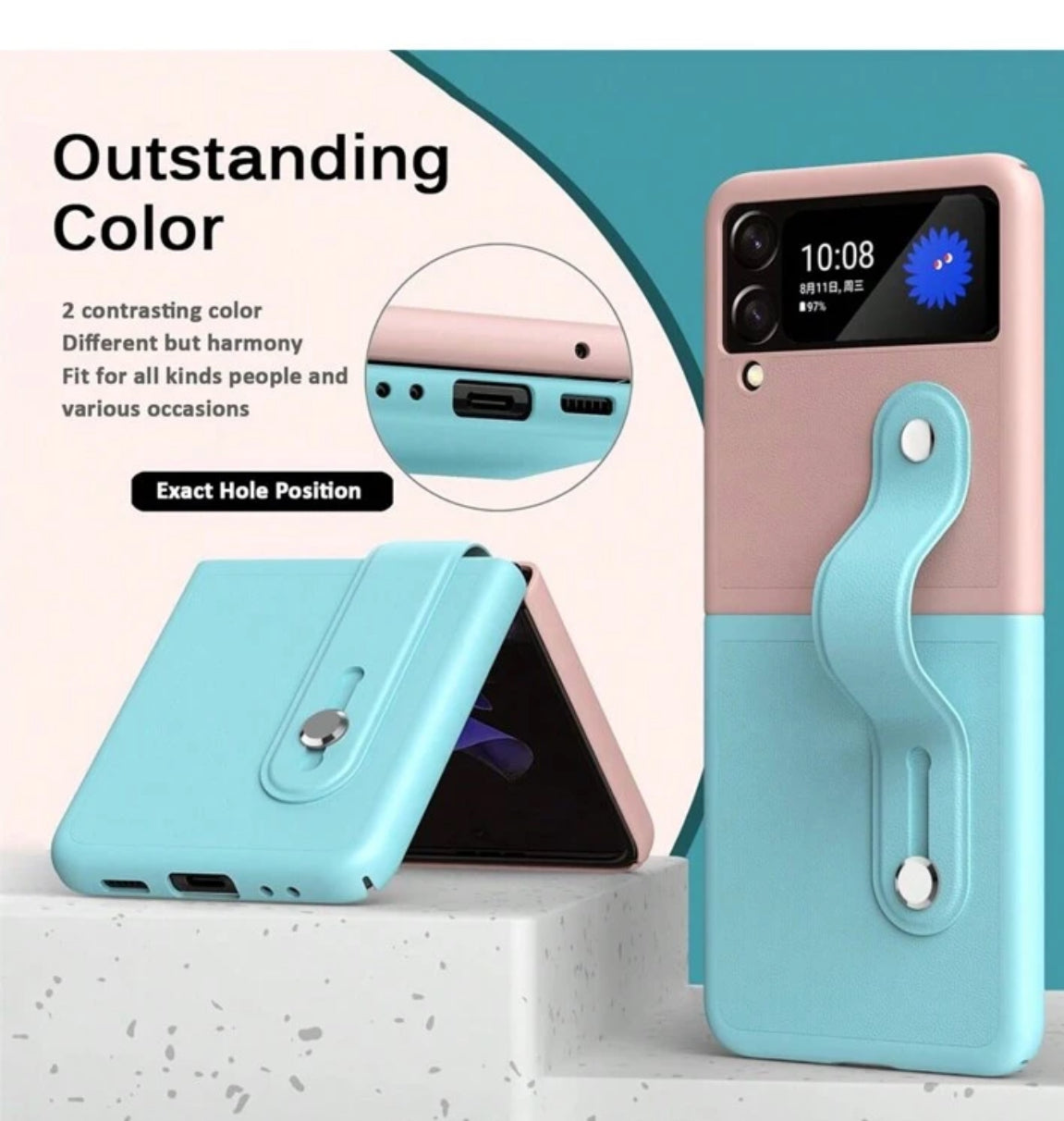 Pink/Light Blue Color Block Folding Bracelet Stand Extendable Spray Painted Dual-Tone Stitching Frosted Texture Lens Protection Stylish Foldable Phone Case Anti-Fall Phone Cover Compatible With Samsung Galaxy Z Flip 4