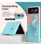 Pink/Light Blue Color Block Folding Bracelet Stand Extendable Spray Painted Dual-Tone Stitching Frosted Texture Lens Protection Stylish Foldable Phone Case Anti-Fall Phone Cover Compatible With Samsung Galaxy Z Flip 4 Mobile Case by CoverMeUp - Style 2