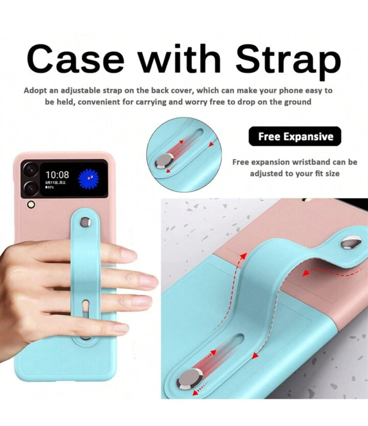 Pink/Light Blue Color Block Folding Bracelet Stand Extendable Spray Painted Dual-Tone Stitching Frosted Texture Lens Protection Stylish Foldable Phone Case Anti-Fall Phone Cover Compatible With Samsung Galaxy Z Flip 4