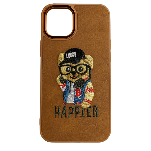 3D Embroidered Polo Bear Leather Brown Back Case Compatible with iPhone with metal ring protection