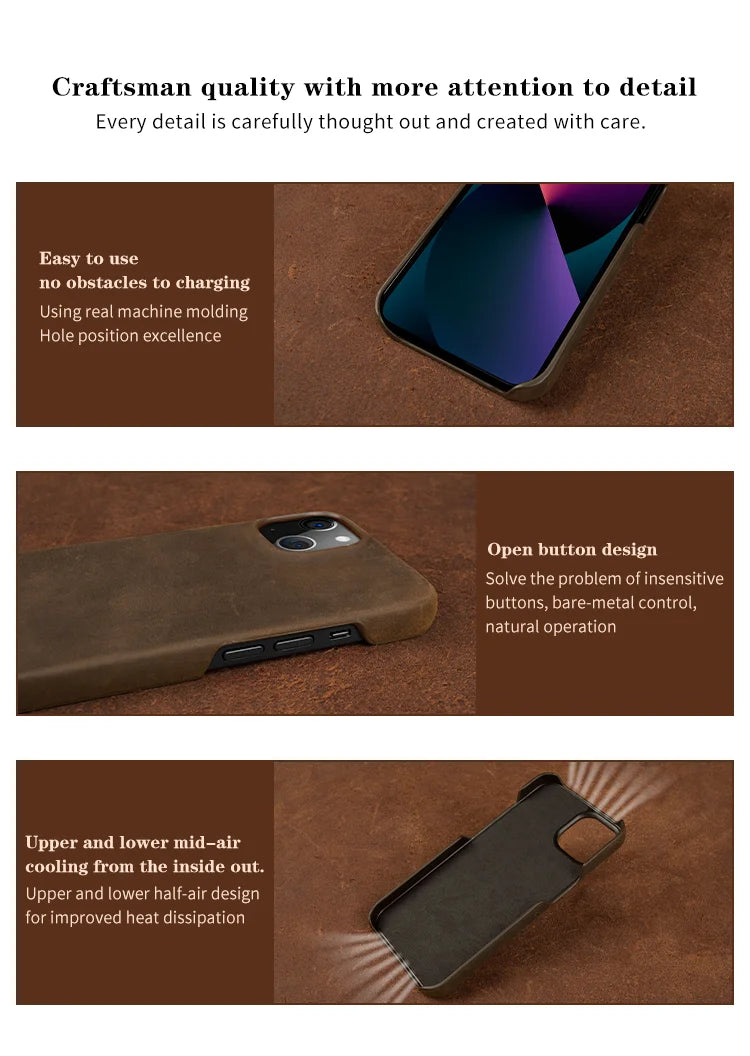 Luxury Genuine Leather Crazy Horse Pattern Phone Case with MagSafe