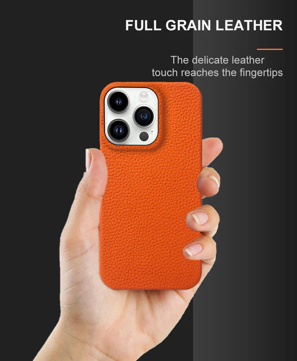 Luxury Real Leather Phone Case with MagSafe (Lychee Pattern)