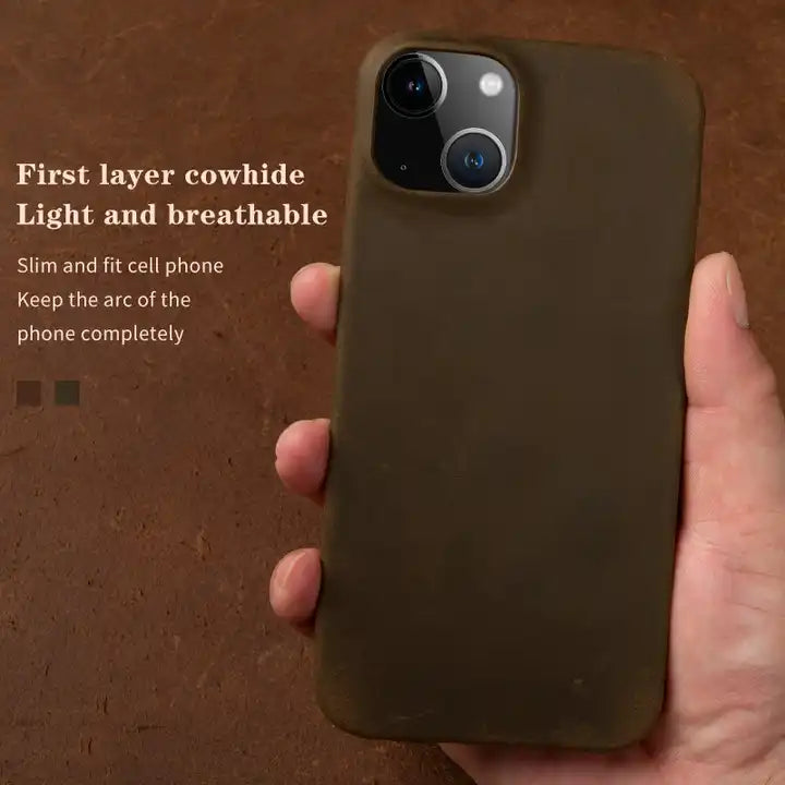 Luxury Genuine Leather Crazy Horse Pattern Phone Case with MagSafe