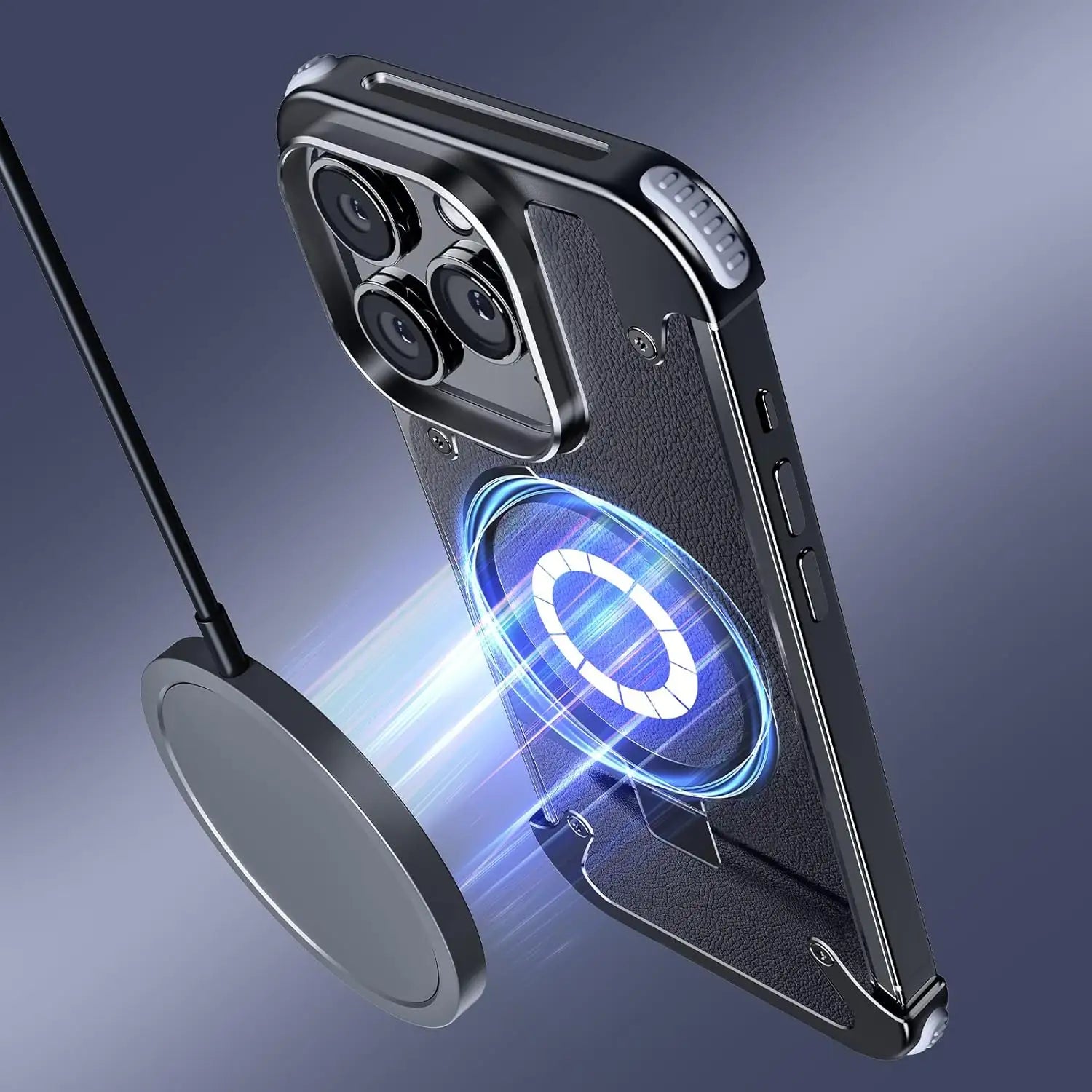 Luxury iPhone Frameless Armored Case with Leather Texture And Kickstand