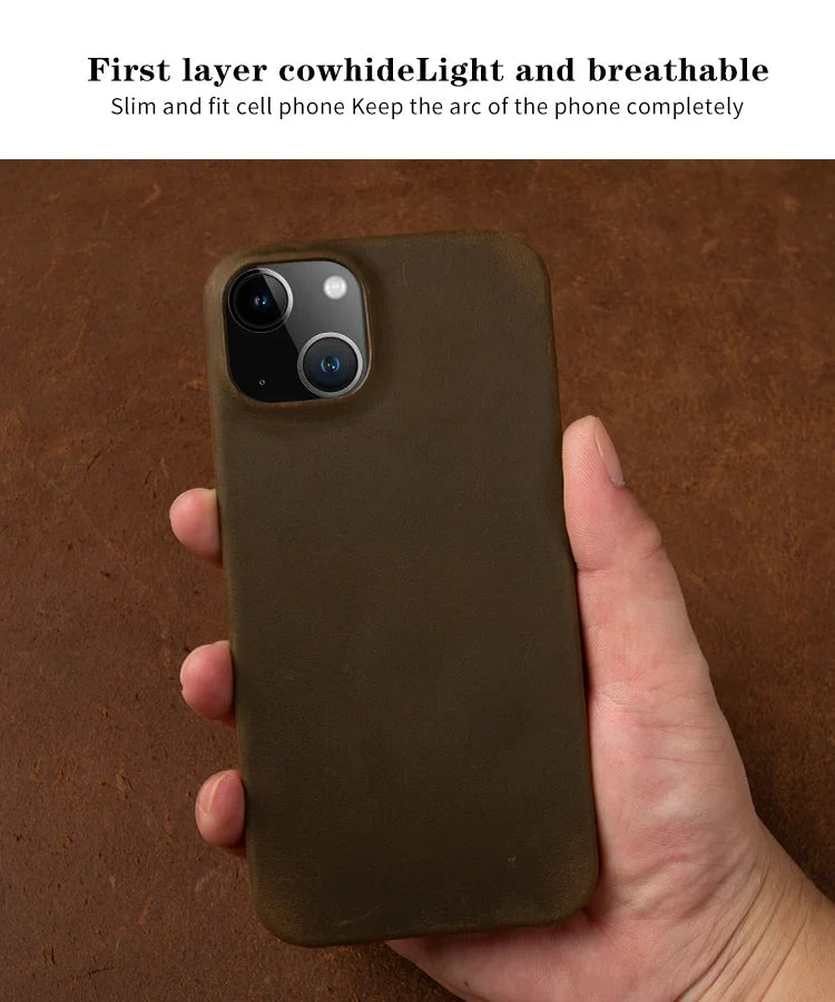 Luxury Genuine Leather Crazy Horse Pattern Phone Case with MagSafe