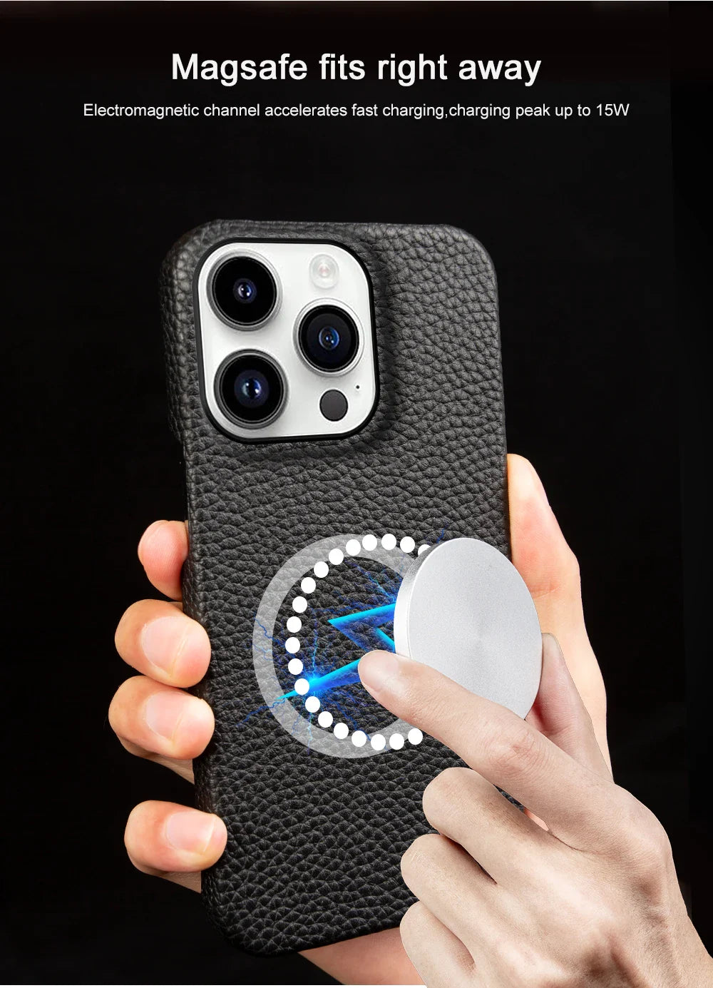 Luxury Real Leather Phone Case with MagSafe (Lychee Pattern)