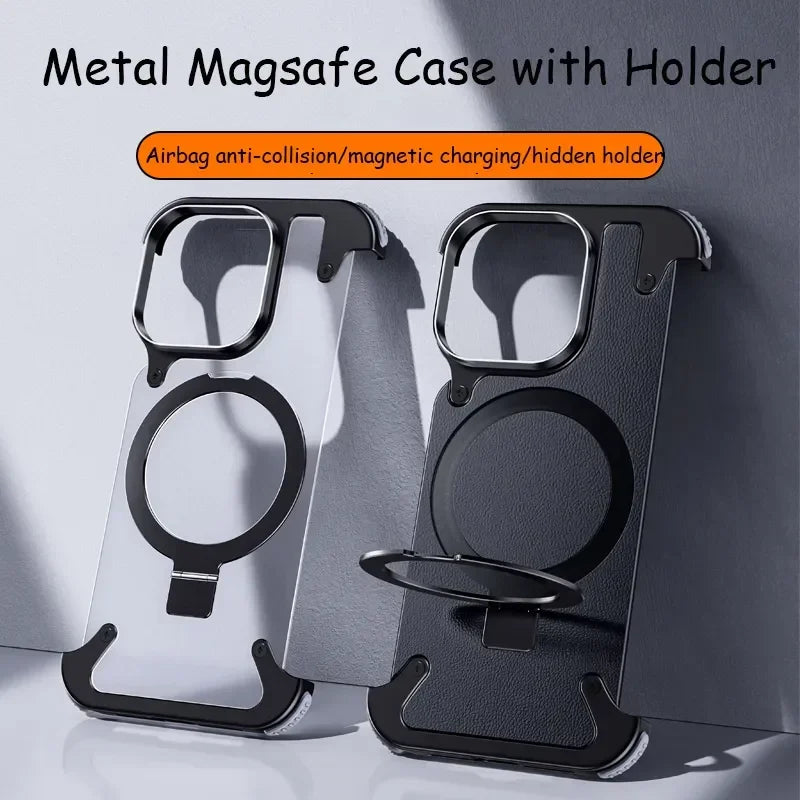 Luxury iPhone Frameless Armored Case with Leather Texture And Kickstand