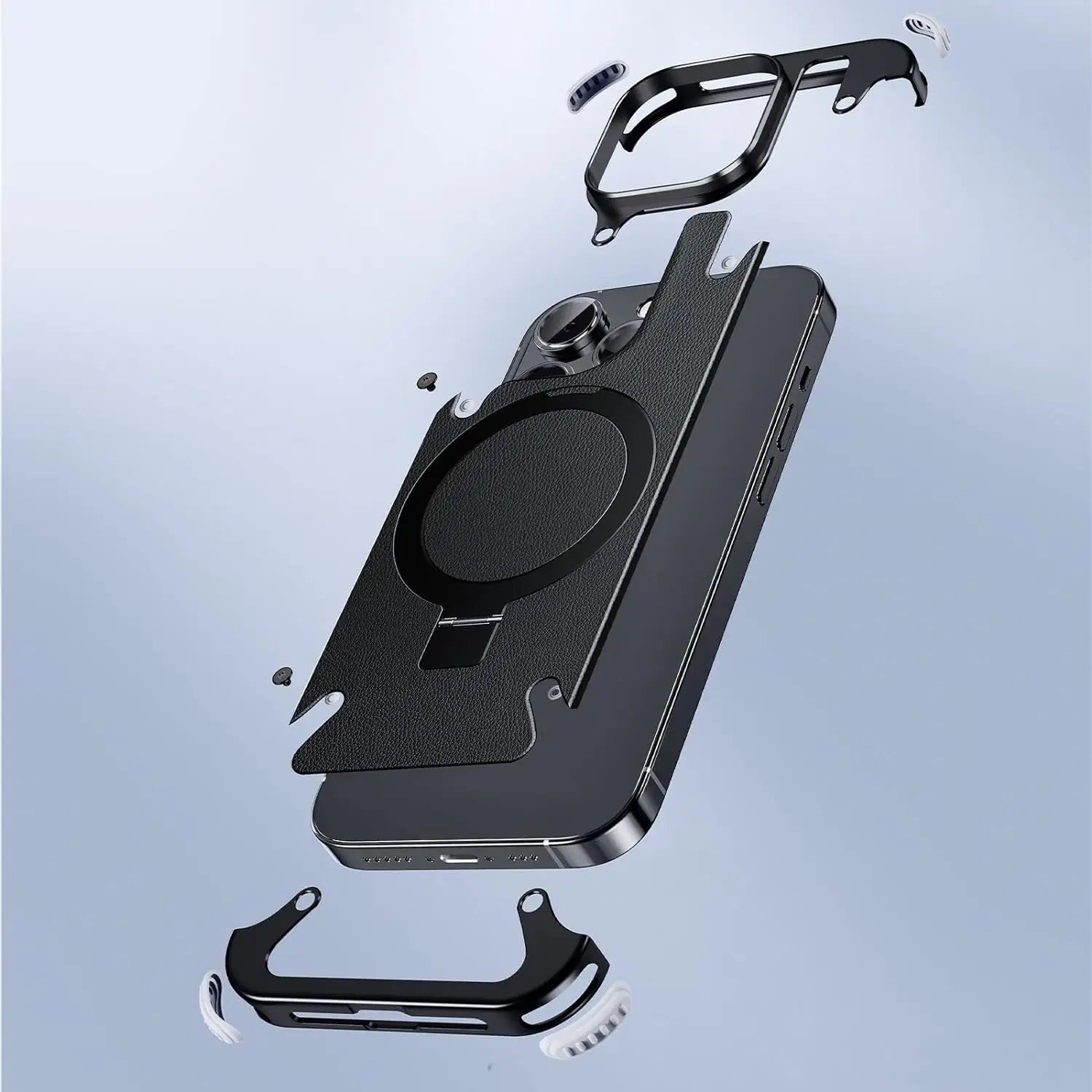 Luxury iPhone Frameless Armored Case with Leather Texture And Kickstand