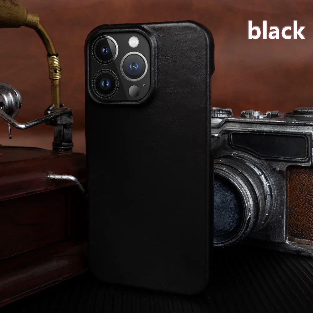 Luxury Real Leather Phone Case With MagSafe (Oil Wax Pattern)