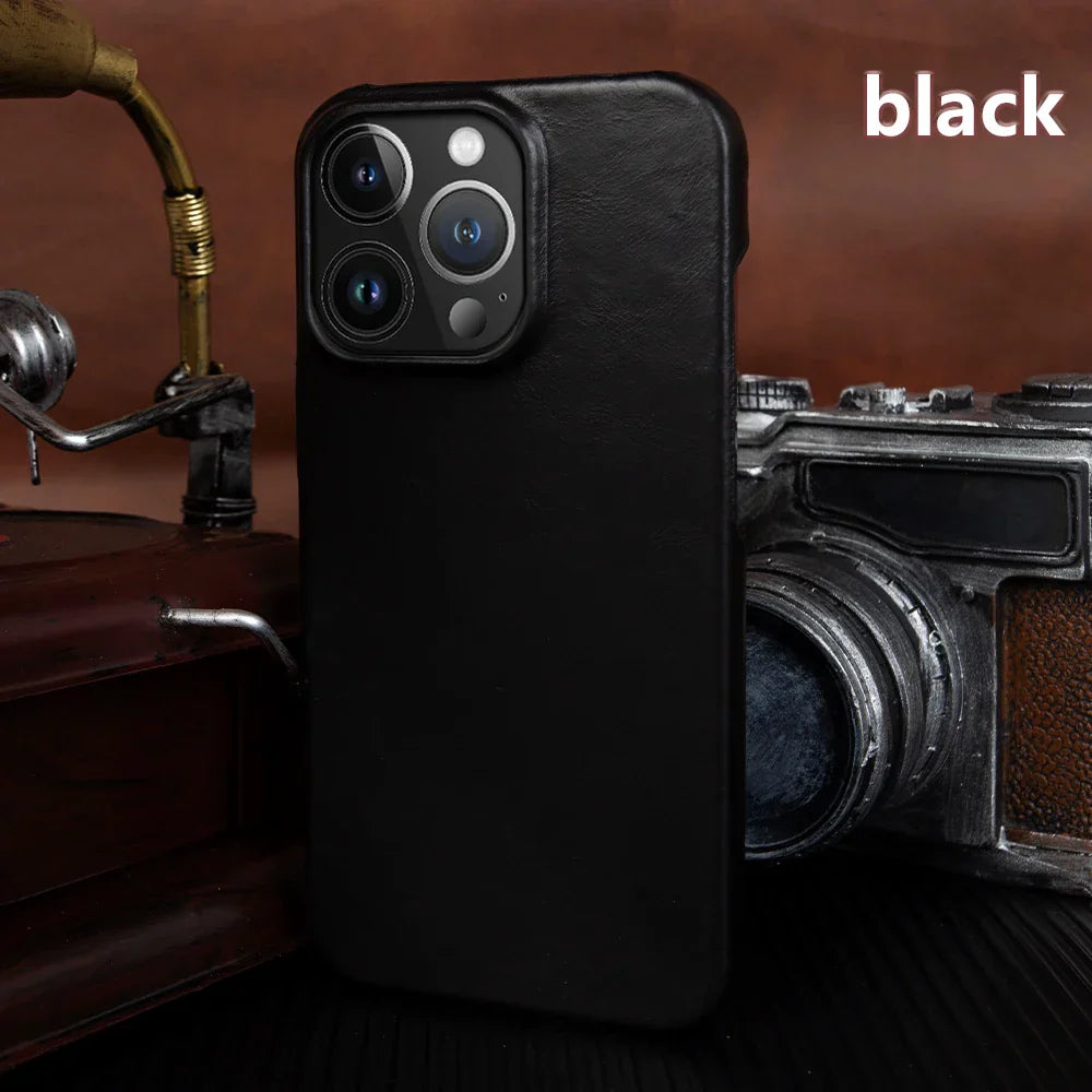 Luxury Real Leather Phone Case With MagSafe (Oil Wax Pattern)