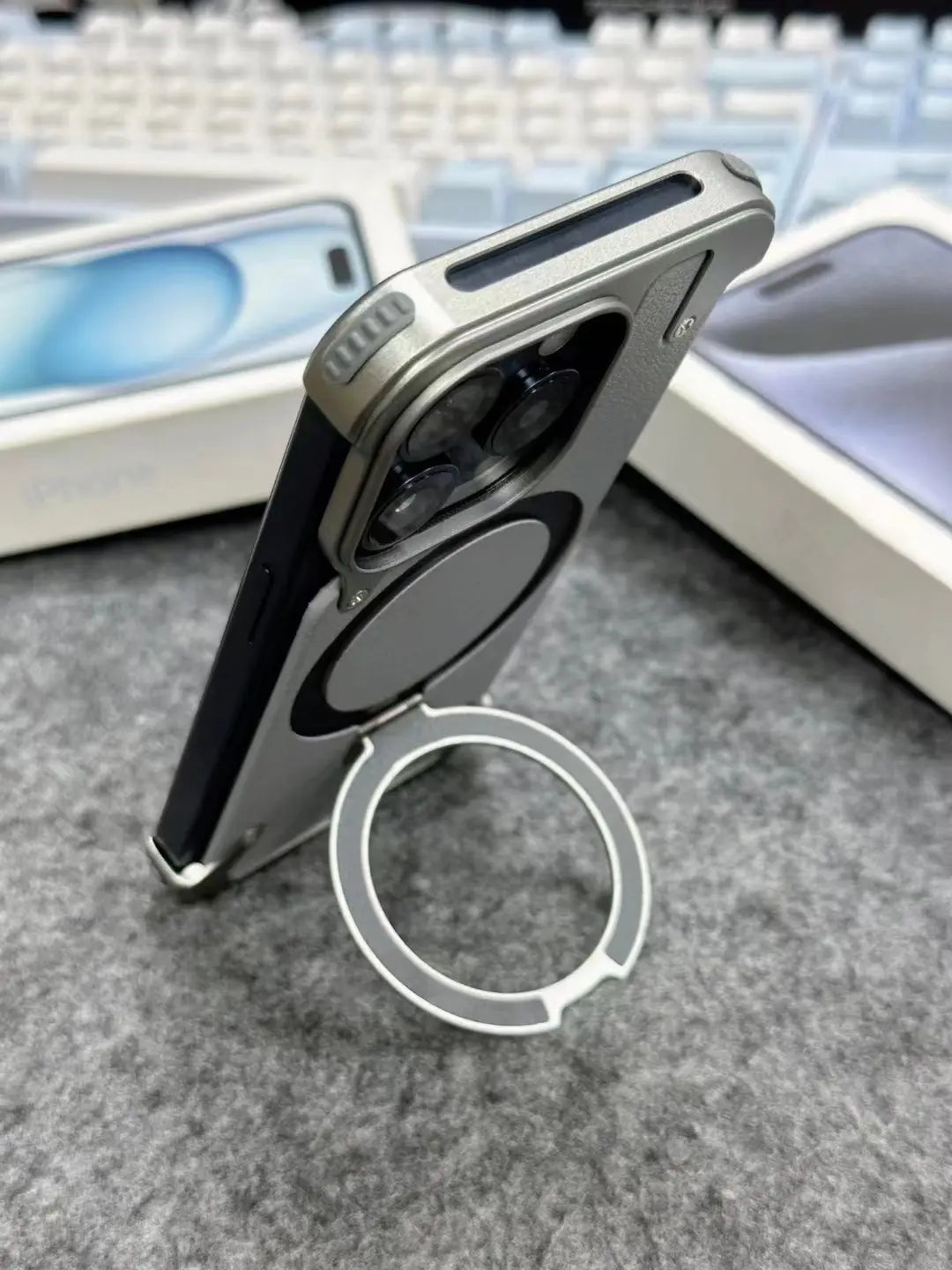 Luxury iPhone Frameless Armored Case with Leather Texture And Kickstand