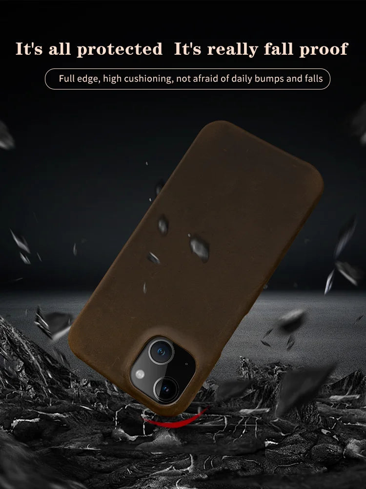 Luxury Genuine Leather Crazy Horse Pattern Phone Case with MagSafe