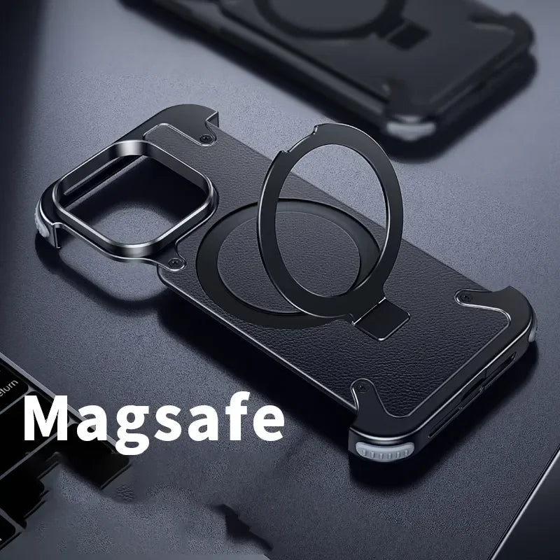 Luxury iPhone Frameless Armored Case with Leather Texture And Kickstand