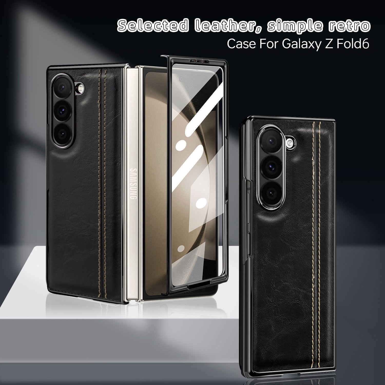 Samsung Galaxy Z Fold7 Gold Plated Dual Line Stitches Leather Case
