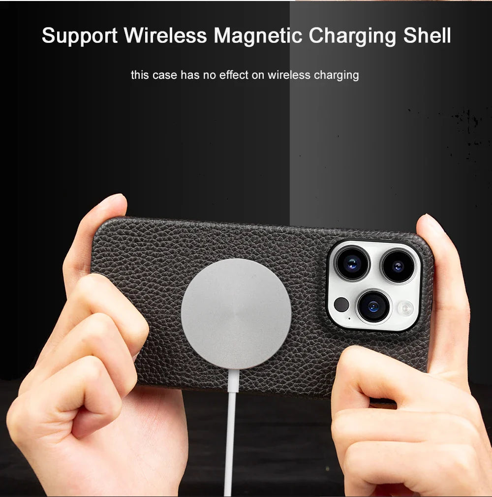Luxury Real Leather Phone Case with MagSafe (Lychee Pattern)
