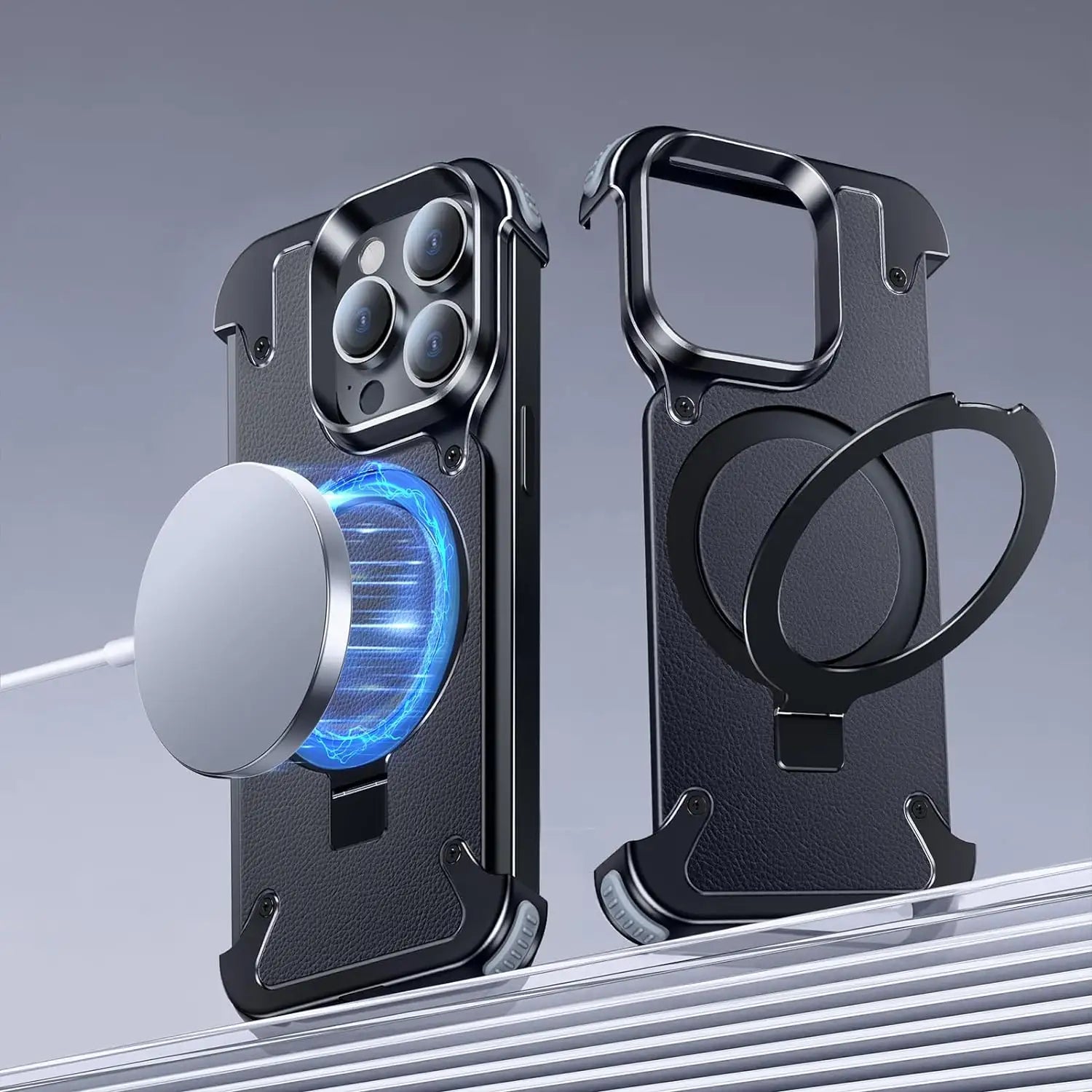 Luxury iPhone Frameless Armored Case with Leather Texture And Kickstand