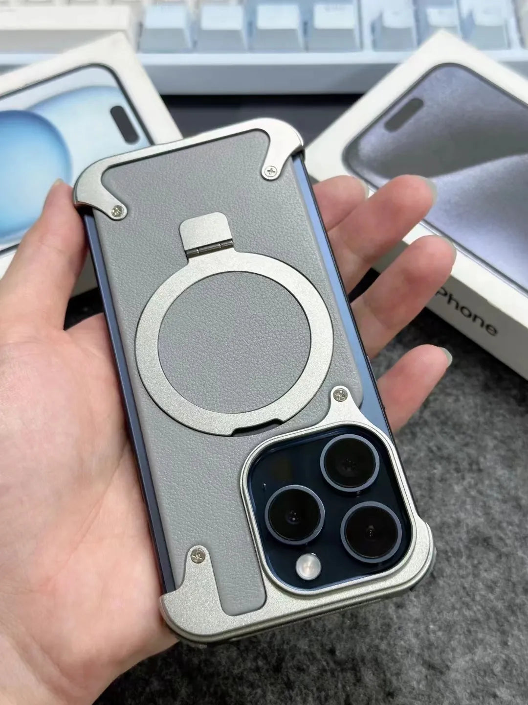 Luxury iPhone Frameless Armored Case with Leather Texture And Kickstand