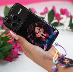 Happy Cartoon Girl iPhone Case – Soft Silicone + TPU Cover with Mirror Kickstand & Keychain