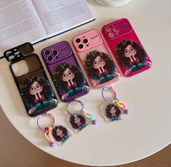 Happy Cartoon Girl iPhone Case – Soft Silicone + TPU Cover with Mirror Kickstand & Keychain