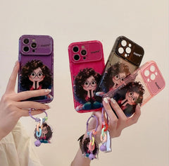 Happy Cartoon Girl iPhone Case – Soft Silicone + TPU Cover with Mirror Kickstand & Keychain