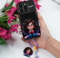 Happy Cartoon Girl iPhone Case – Soft Silicone + TPU Cover with Mirror Kickstand & Keychain