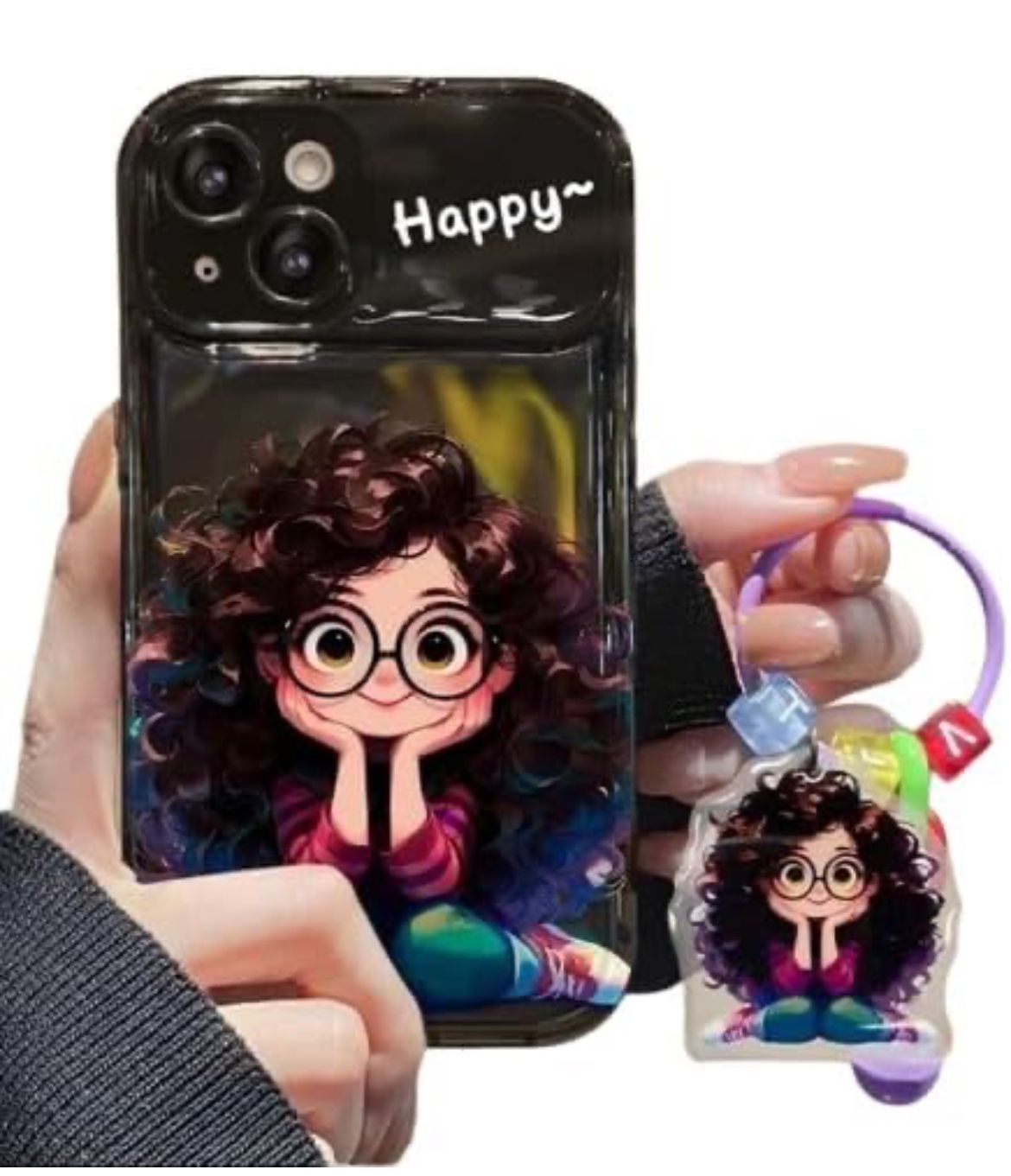 Happy Cartoon Girl iPhone Case – Soft Silicone + TPU Cover with Mirror Kickstand & Keychain