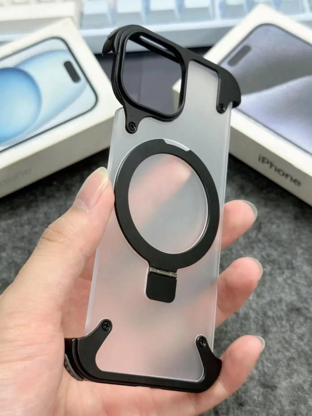 Luxury iPhone Frameless Armored Case with Leather Texture And Kickstand