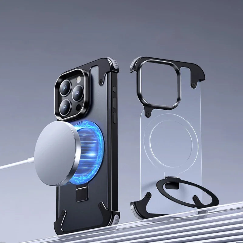 Luxury iPhone Frameless Armored Case with Leather Texture And Kickstand