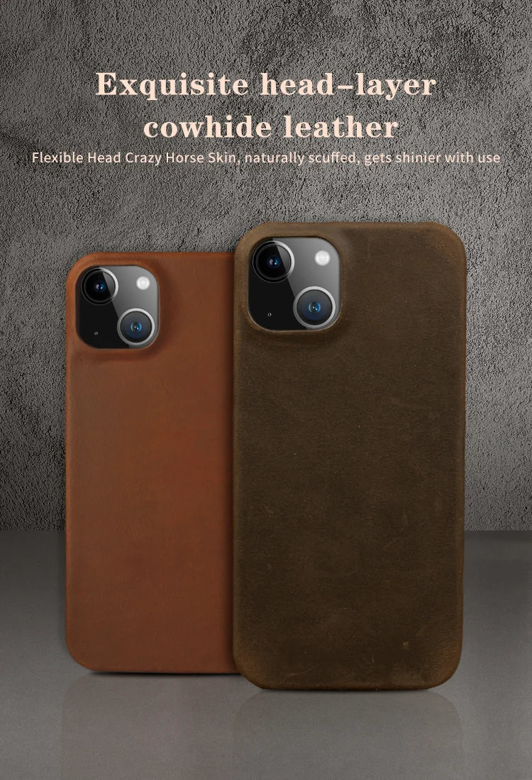 Luxury Genuine Leather Crazy Horse Pattern Phone Case with MagSafe