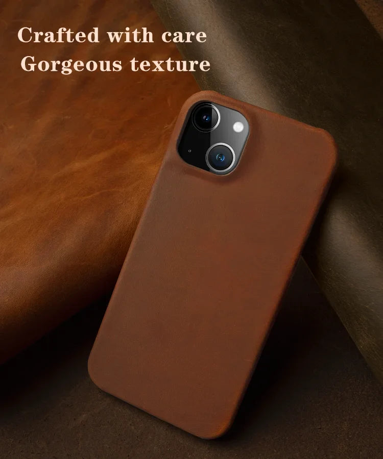 Luxury Genuine Leather Crazy Horse Pattern Phone Case with MagSafe