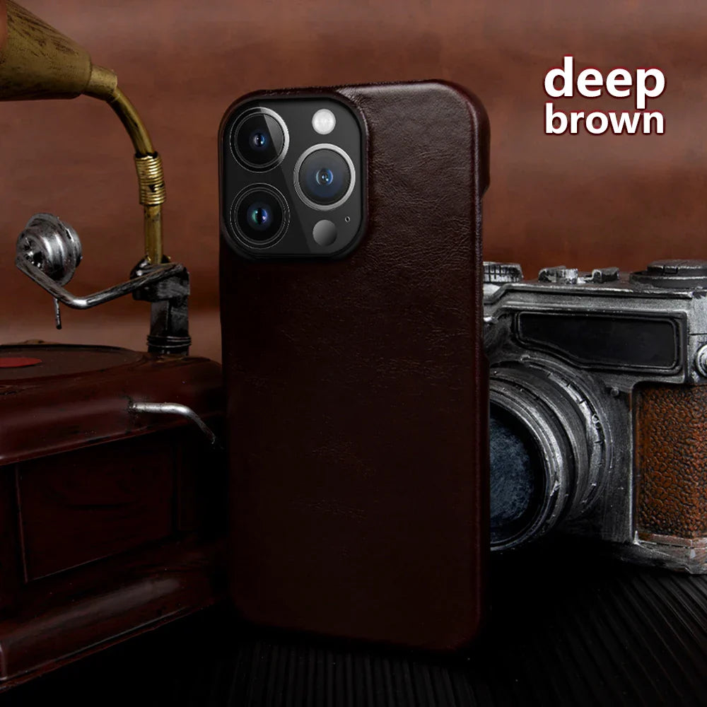 Luxury Real Leather Phone Case With MagSafe (Oil Wax Pattern)