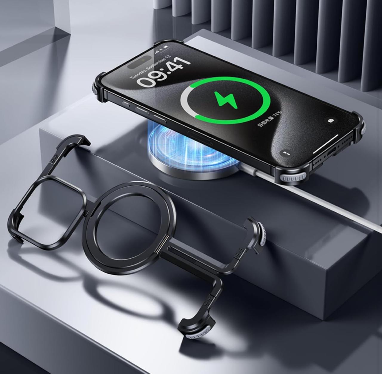 Metallic Frameless Corner Bumper Case with Magsafe Stand Function Case for iPhone 15 Pro (BLACK)