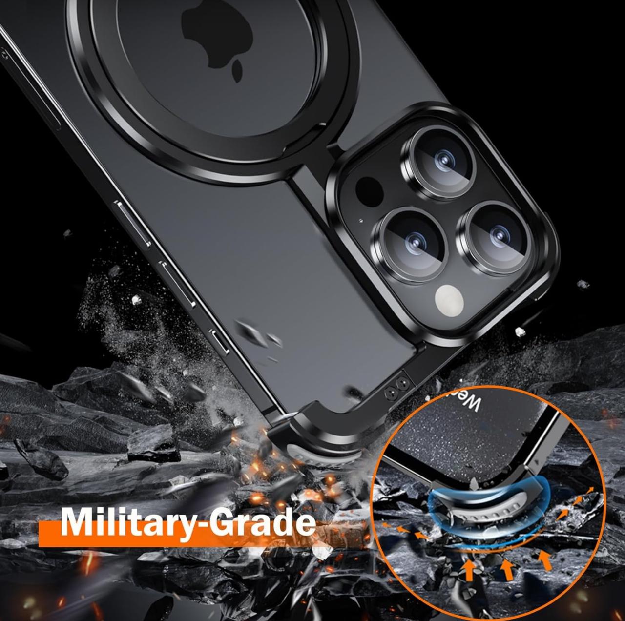 Metallic Frameless Corner Bumper Case with Magsafe Stand Function Case for iPhone 15 Pro Max (BLACK)