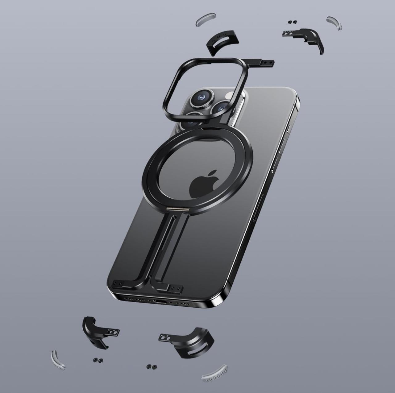 Metallic Frameless Corner Bumper Case with Magsafe Stand Function Case for iPhone 15 Pro (BLACK)